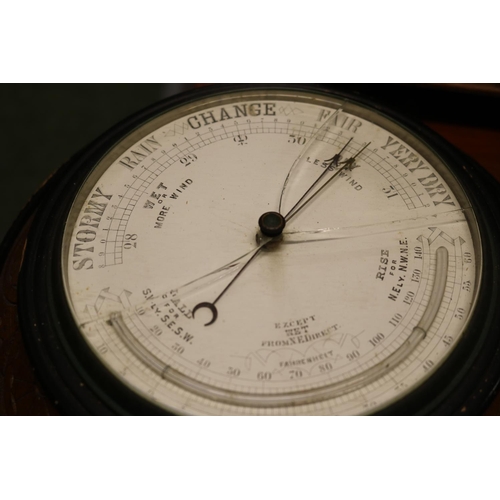 158 - Oak Carved wall barometer, Walnut cased box on brass paw feet and a collection of Porcelain Knobs