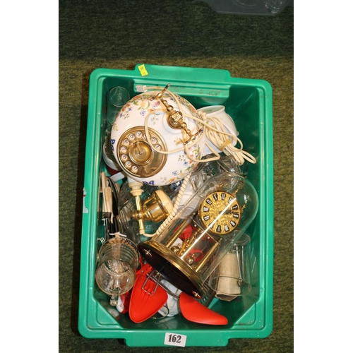 162 - 3 Boxes of assorted Ceramics and bygones inc. Aynsley Dial Telephone, Oak Tantalus etc