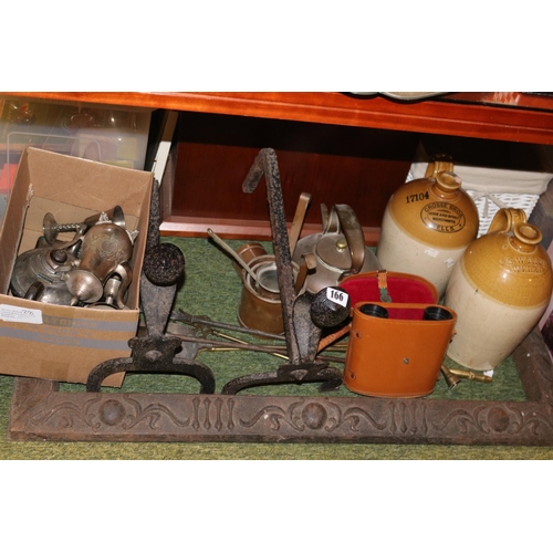 166 - Collection of assorted Bygones inc. Fire Dogs, Wells Two Tone Flagons, Cased Binoculars etc