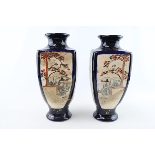 74 - Pair of Japanese Geisha decorated mantel vases and  similar Squat vases with character marks to base