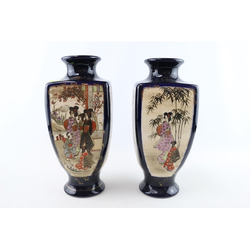 74 - Pair of Japanese Geisha decorated mantel vases and  similar Squat vases with character marks to base