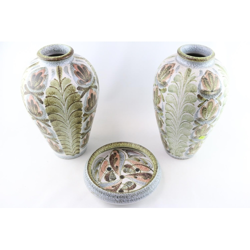 77 - Pair of Denby Urn Vases with floral decoration 33cm in Height and matching circular dish