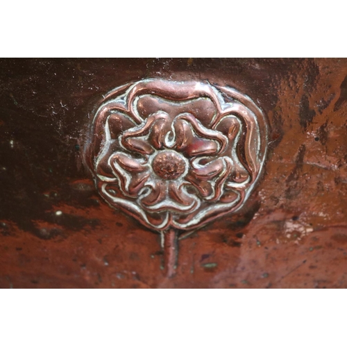 195 - Copper Arts & Crafts lidded Coal/Log box with metal fittings and raised Rose decoration