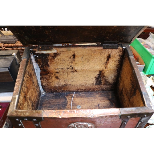 195 - Copper Arts & Crafts lidded Coal/Log box with metal fittings and raised Rose decoration