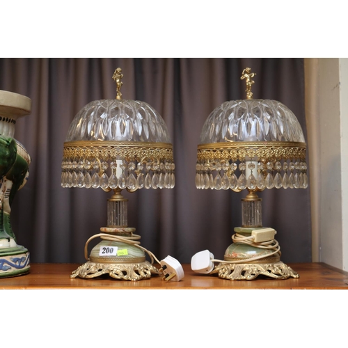 200 - Pair of French Crystal Drop table lights with onyx bases