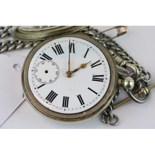 248 - Edwardian White metal pocket watch with Roman numeral dial on white metal chain with Key