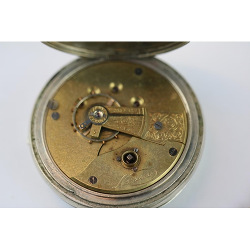 248 - Edwardian White metal pocket watch with Roman numeral dial on white metal chain with Key