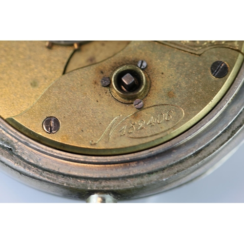 248 - Edwardian White metal pocket watch with Roman numeral dial on white metal chain with Key