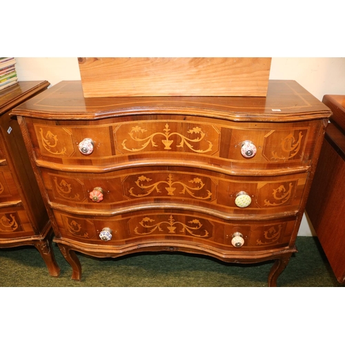 292 - Pair of 20thC Serpentine fronted 3 drawer chests with later Ceramic handles