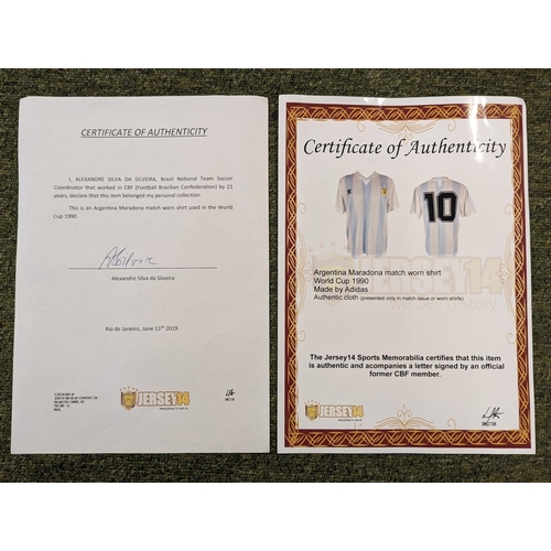 51 - Argentina Maradona Match Worn Shirt World Cup 1990 Certificate of authenticity accompanies a letter ... 