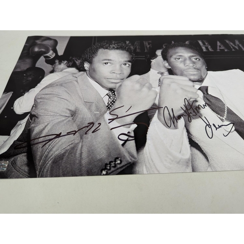 19 - Black and white dual signed photograph by Sugar Ray Leonard and Thomas Hitman Hearns 5th King Memora... 