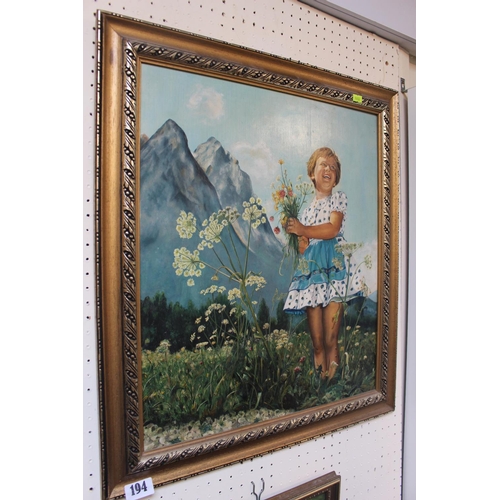 142 - F Prosser Oil on board of a Highland Girl with flowers with mountains to background, signed to botto... 