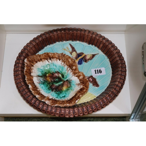 116 - Wardle 19thC Majolica Platter with Prunus and Stork decoration and a Majolica Leaf dish with impress... 