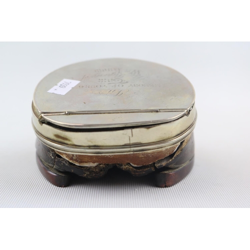 120 - Equine Interest; Horse hoof Snuff box with Silver plated hinged top marked 'In memory of Young Tom t... 