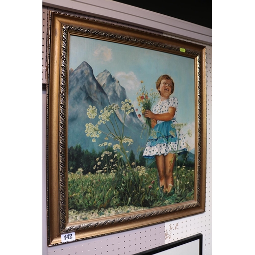 142 - F Prosser Oil on board of a Highland Girl with flowers with mountains to background, signed to botto... 