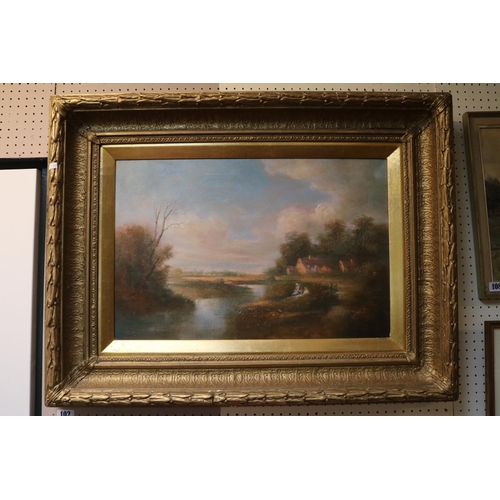 102 - Large Gilded Heavily framed Oil on canvas of a countryside river scene monogrammed L R