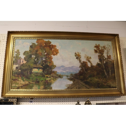 120 - Ilio Giannaccini 1897 - 1968 Large Framed Oil on canvas of a Lake scene signed to bottom right