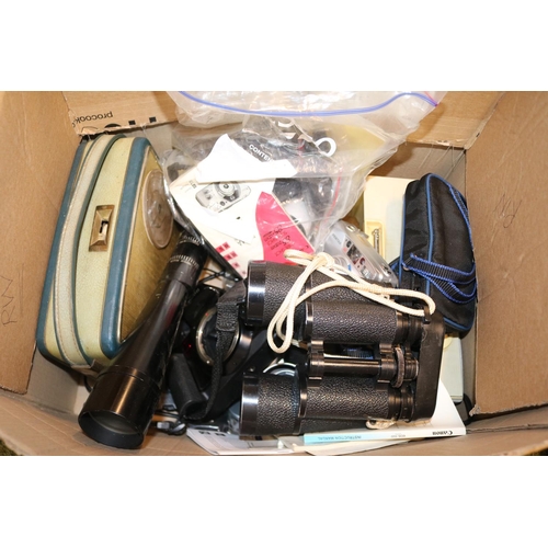 124 - Box of assorted photographic items inc. Carl Zeiss Binoculars, Orbit 18-50x50 Scope etc