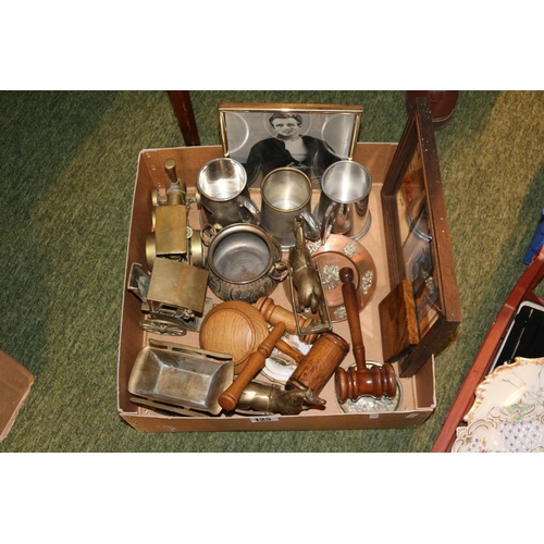 125 - Box of assorted Bygones inc. Tankards, Brassware, Wooden Turned Gavels etc