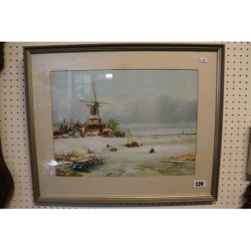 129 - Framed Oil of a Dutch Winter scene depicting a Windmill signed to bottom right