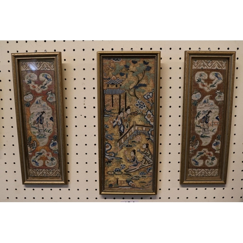 134 - 3 Japanese Kimono Sleeve embroideries framed