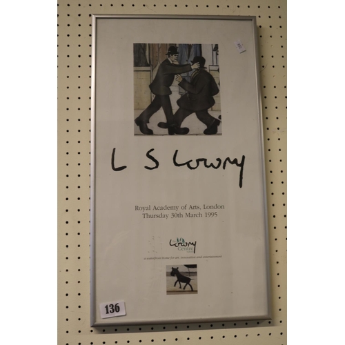 136 - Framed Gallery poster for L S Lowry Royal Academy of Arts London Thursday 30th March 1995