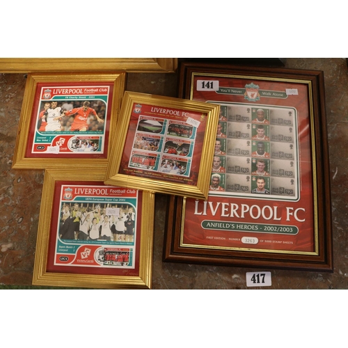 141 - Collection of Liverpool Football Club framed Stamps and Prints