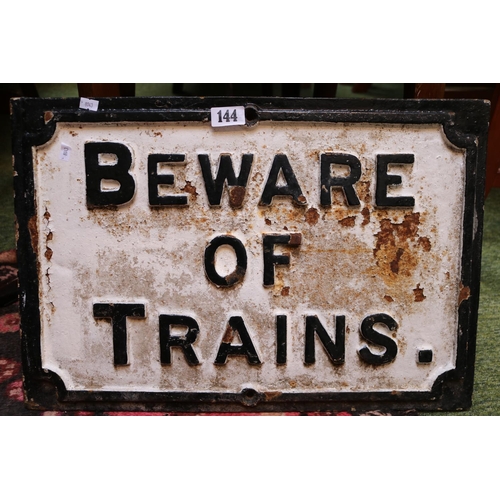 144 - Antique Cast Iron Beware of Trains Sign 56 x 38cm