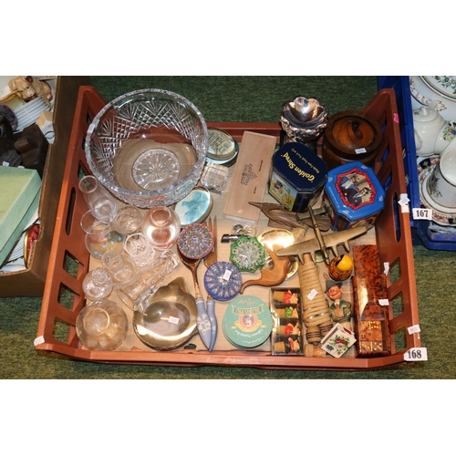 168 - Tray of assorted Glassware and bygones inc. Brass Lancaster Bomber, Royal Brierley Bowl etc