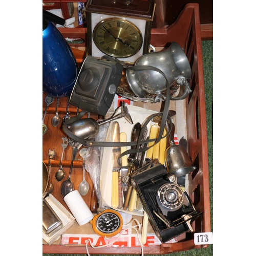 173 - Box of assorted Collectors spoons, Engraved Fish Knife and Fork, Ingersoll stop watch etc