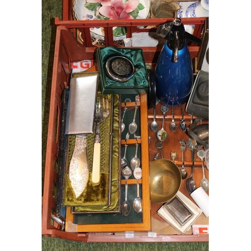 173 - Box of assorted Collectors spoons, Engraved Fish Knife and Fork, Ingersoll stop watch etc