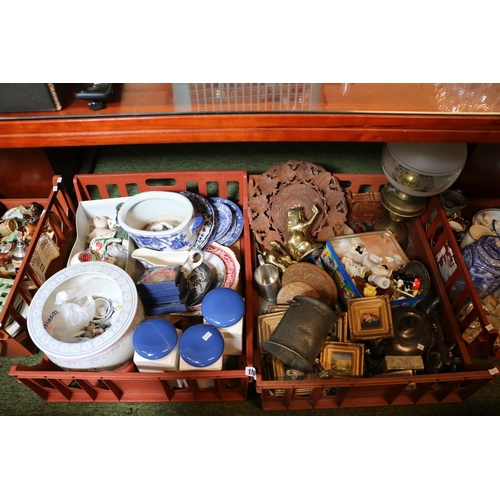 180 - 2 Trays of assorted ceramics and and bygones inc. My Lady hammered Pewter biscuit barrel, Oil Lamp e... 