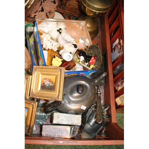 180 - 2 Trays of assorted ceramics and and bygones inc. My Lady hammered Pewter biscuit barrel, Oil Lamp e... 