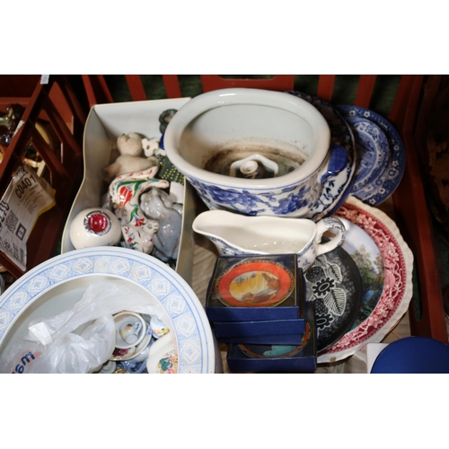 180 - 2 Trays of assorted ceramics and and bygones inc. My Lady hammered Pewter biscuit barrel, Oil Lamp e... 