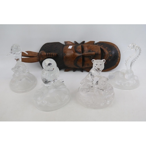 19A - 4 Crystal figures of a Seahorse, Owl, Dolphin and Tiger with a Hardwood carved mask