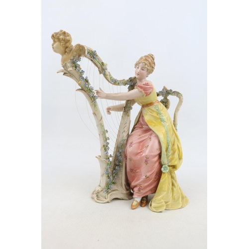 2 - European Bisque porcelain figure of a woman playing a Harp with scrolled mark to base and Arrow blue... 