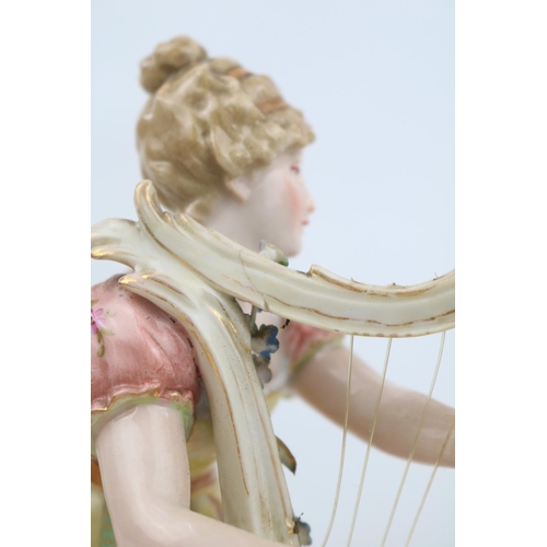 2 - European Bisque porcelain figure of a woman playing a Harp with scrolled mark to base and Arrow blue... 