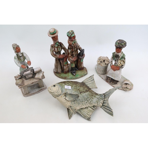 27 - Colin Andrews Art Pottery Wall Fish and 3 Seven Springs Pottery of Ashwell Herts figures by Marie Wh... 