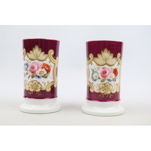 3 - Pair of 19thC Hand painted Sleeve vases with floral decorated panels against Maroon background. 9cm ... 