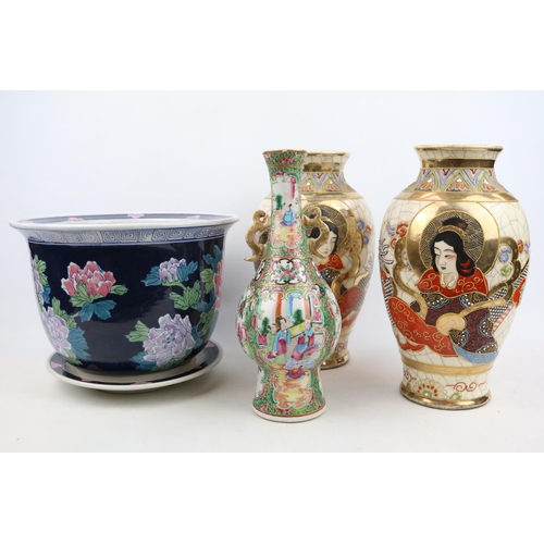 40 - Famille Rose Chinese figural decorated two handled vase, Pair of Satsuma Vases and a 20thC Chinese P... 