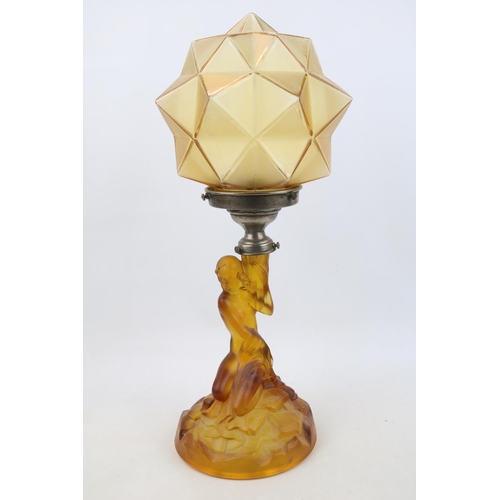 44 - Art Deco Nude figural lamp base with Chrome fitting and cubist star shade. 41cm in Height