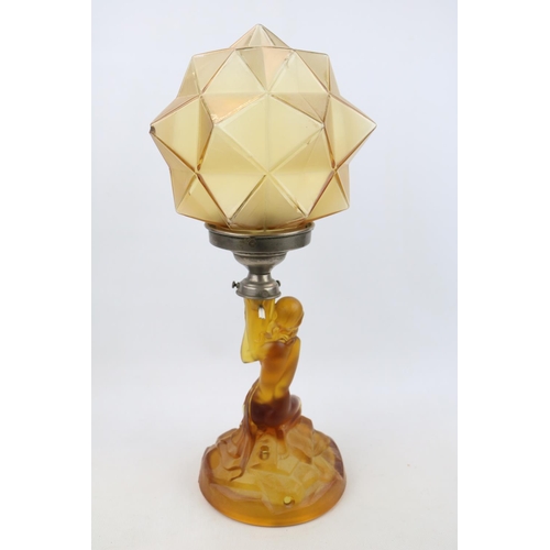 44 - Art Deco Nude figural lamp base with Chrome fitting and cubist star shade. 41cm in Height