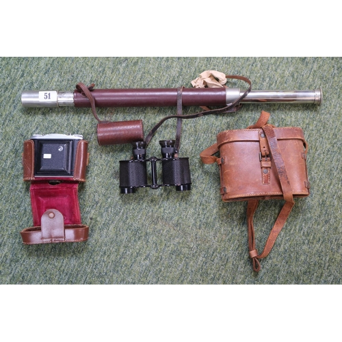 51 - Presentation Telescope, Ensign Selfix 16 20 & Cased pair of A Kershaw & Son of Leeds Binoculars