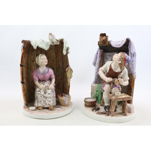 8 - Pair of 19thC Pottery seated figures of a Cobbler and Seamstress with barrel formed back 23cm in hei... 