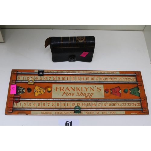 61 - Franklyn's Fine Shagg tobacco Advertising scoreboard and a Durex set of Playing Cards