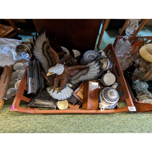 133 - Tray of assorted Ceramics and bygones inc. Stamps, Folk Art Picture frame etc