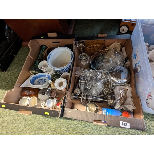 135 - 2 Boxes of assorted glassware, Pottery and Silver plated ware