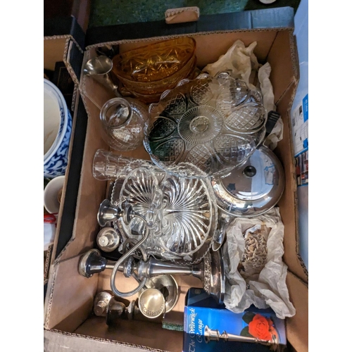 135 - 2 Boxes of assorted glassware, Pottery and Silver plated ware