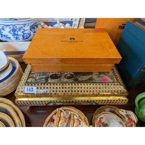 143 - Large Vintage metal Biscuit tin and a Fortnum and Masons Wooden presentation box