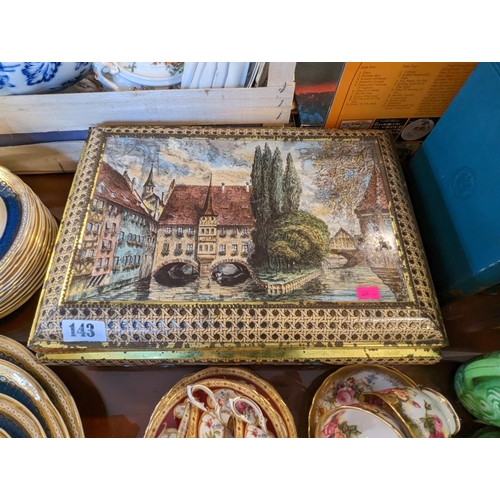 143 - Large Vintage metal Biscuit tin and a Fortnum and Masons Wooden presentation box